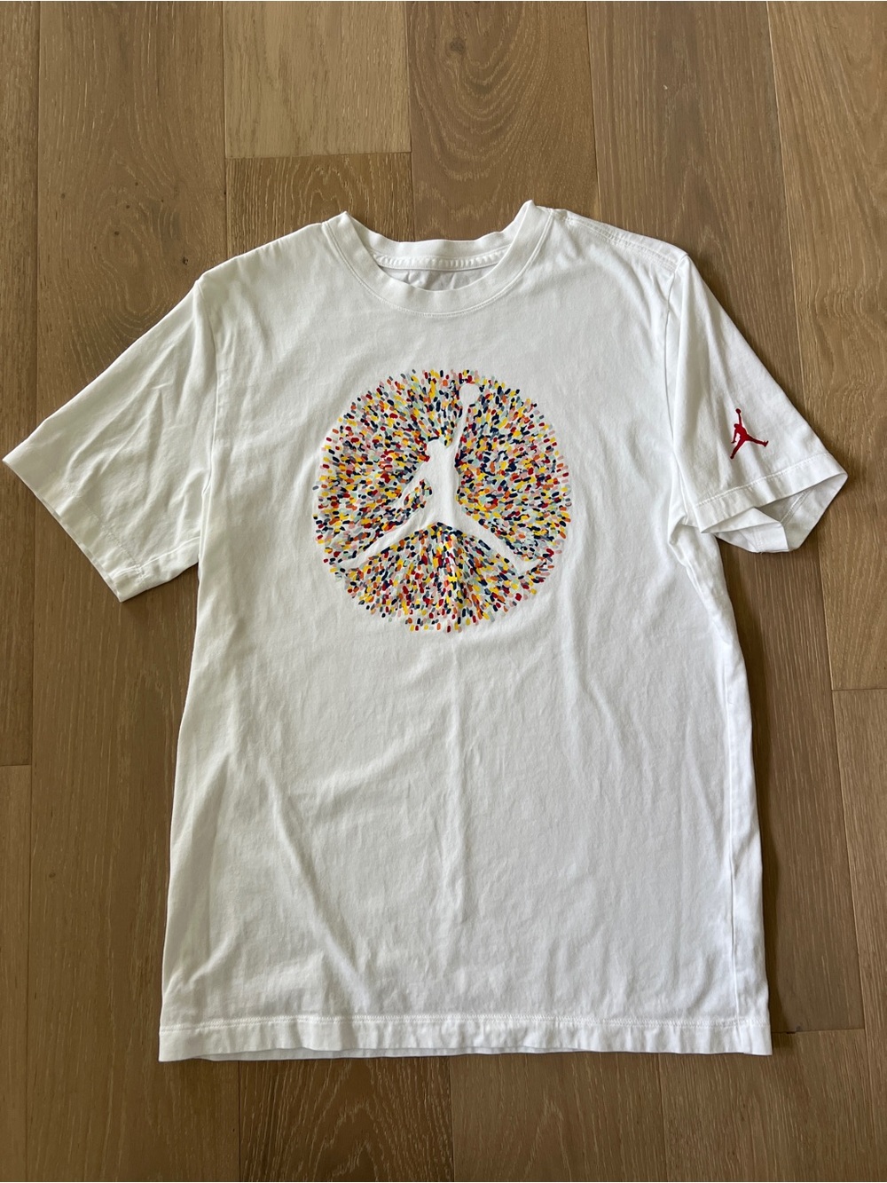 Jordan White Tee with Red Jumpman and Multicolor Confetti